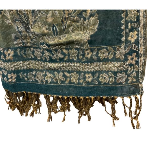 F.C Womens Vintage Scarf/Shawl Green with Gold Detailing Floral pattern Fringe S - Picture 8 of 8